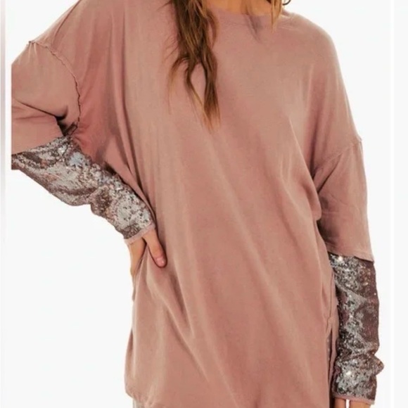 Free People Blush Pink Top with Silver Sequin Sleeves - Picture 2 of 3